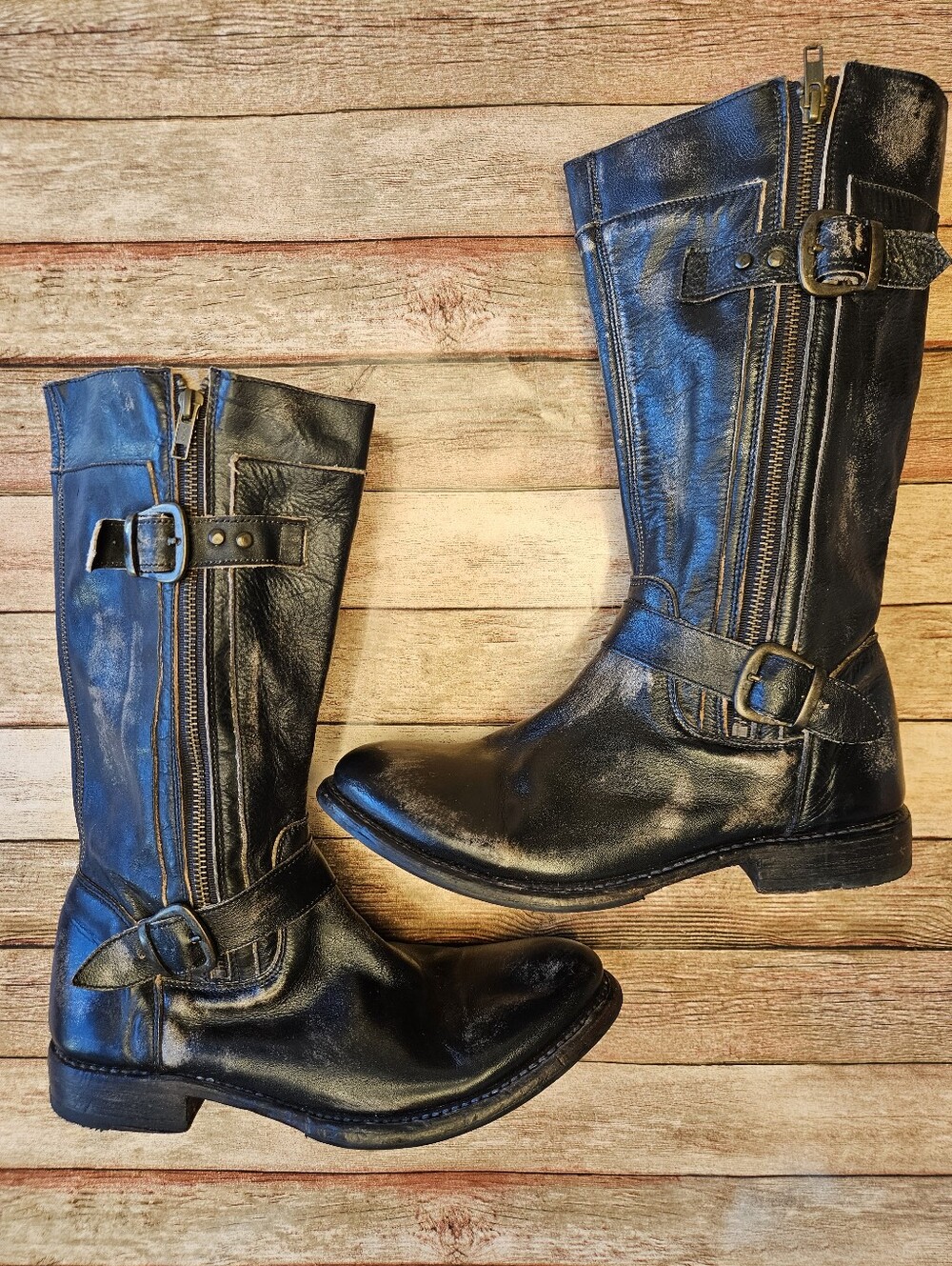 Bed Stu Gogo Lug Tall Leather Boots Black Rustic Distressed Buckle
